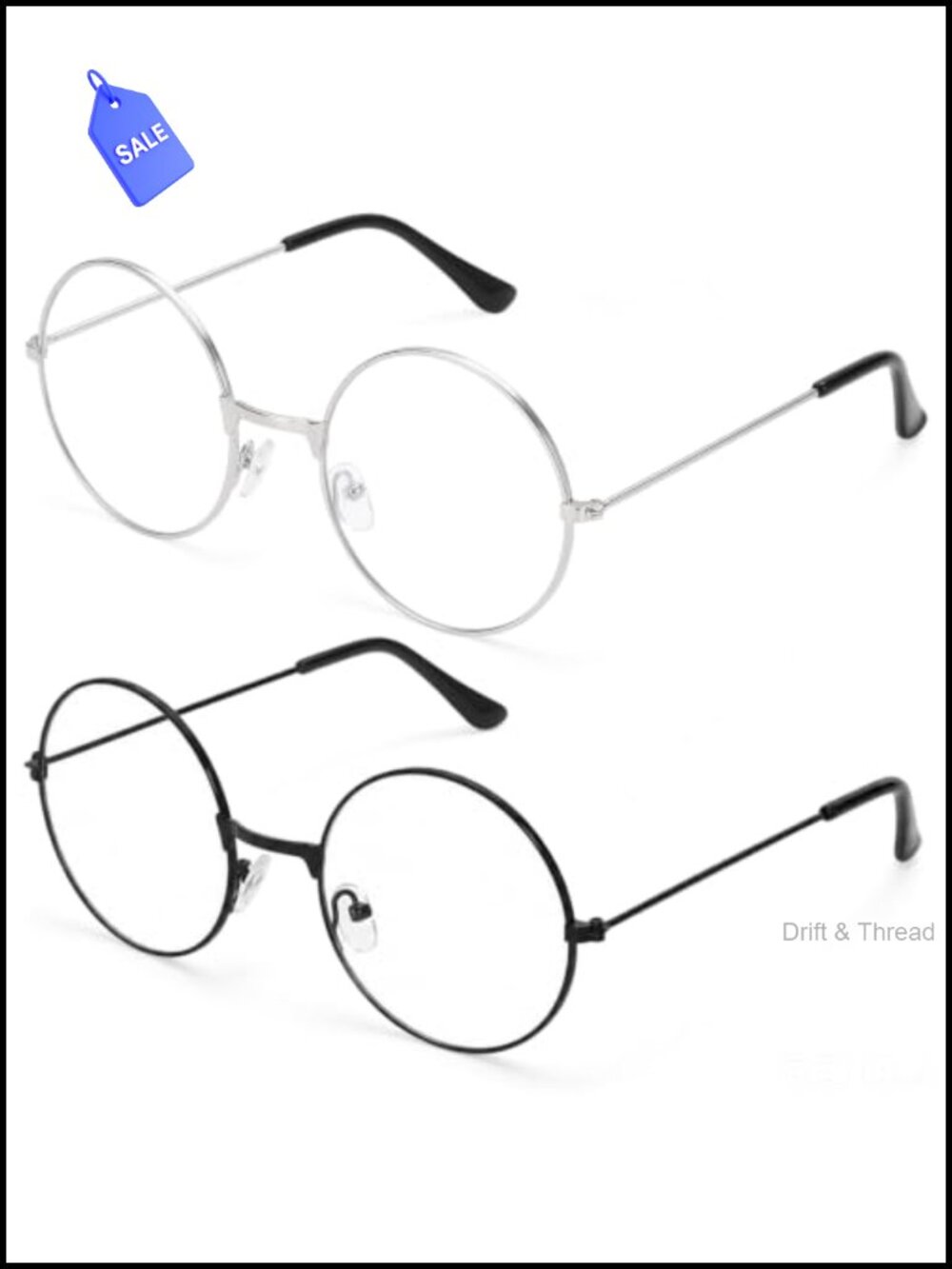 2Pcs Classic Round Retro Eyeglasses Clear Lens Metal Frame